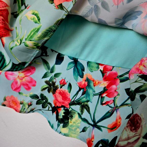 Soft Satin style floral asymmetrical midi skirt layered colorful - Picture 5 of 6